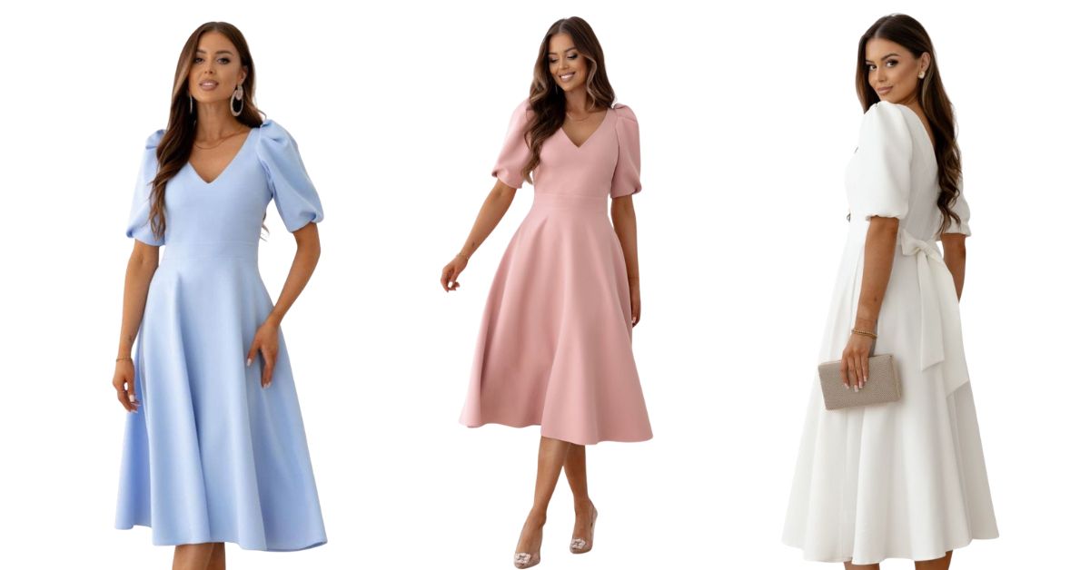 Rozkloszowana sukienka na komunię midi Viki3 w kolorze pudrowego różu niebieskim i ecru z szerokim pasem i kokardą